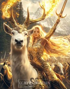 a woman riding on the back of a white deer next to a fire filled forest