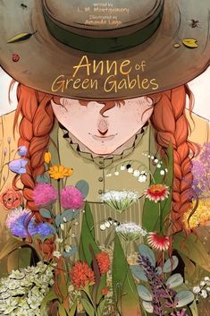 an illustration of a girl with red hair wearing a green hat and surrounded by flowers