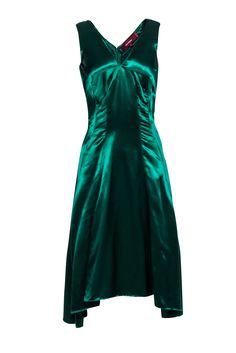 Look sleek and sexy this holiday season in a stunning Sies Marjan dress! An elegant option for a formal event or holiday cocktail party, this shimmering satin beauty will turn-heads with its gorgeous emerald green hue and elongated darts. Show off this midi's flattering high-low design with a pair of strappy metallic heels and plenty of gold jewelry. Size 4 100% Viscose Concealed back zipper V-neckline High-low hem Small snag on back near bottom Blemish at v-neckline Bust 32" Waist 30" Shoulder Sleeveless Satin Evening Dress For Party Season, Elegant Green A-line Satin Dress, A-line Party Dress With Bias Cut, Fitted A-line Sleeveless Satin Dress, Fitted Satin A-line Sleeveless Dress, Elegant Silk Satin Dress For Prom Season, Sleeveless Satin Evening Dress For Prom, Elegant Sleeveless Slip Dress For Party Season, Glamorous Slip Dress For Prom And Party Season