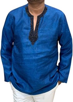 Embroidered V Neck denim-blue Mens Tunics Short kurta made in pure linen for summer wedding. All sizes shown are US Jacket size which you wear just select that we will send you the right fit shirt or Tunic Made in denim-blue color pure linen fabric. Dry Clean Only: Made in India Hip-length Kurta Tunic Lightweight & Breathability Bohemian Linen Kurta For Summer, Blue Long Sleeve Kurta For Summer, Long Sleeve Linen Kurta With Chikankari Embroidery, Summer Linen Kurta With Chikankari Embroidery, Party Wear Blazers, Mens Tunic, Groom And Groomsmen Suits, Angrakha Style, Short Kurta