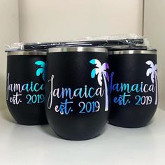 three wine glasses with the names jamaica and est 2019 painted on them, sitting on a table