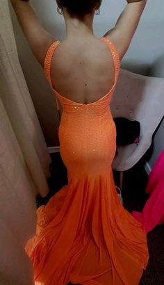 Fitted Ball Gown For Gala, Sleeveless Orange Prom Dress, Formal Floor-length Fitted Backless Dress, Fitted Backless Long Dress For Gala, Orange Sleeveless Dresses For Prom Season, Orange Sleeveless Dress For Prom Season, Formal Fitted Floor-length Backless Dress, Elegant Fitted Long Backless Dress, Orange Backless Party Dress