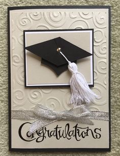 congratulations card with a graduation cap and tasseled ribbon on the front, in black and white