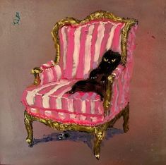 a painting of a black cat sitting on a pink striped chair