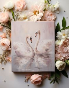 two swans in the water surrounded by flowers and peonies on a white background