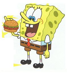 a spongebob holding a hamburger in his hand