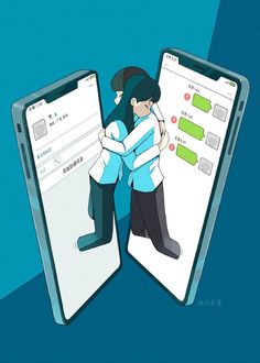 an animated image of two people standing next to each other in front of cell phones