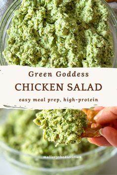 green goddess chicken salad in a glass bowl with a hand holding it up to the side