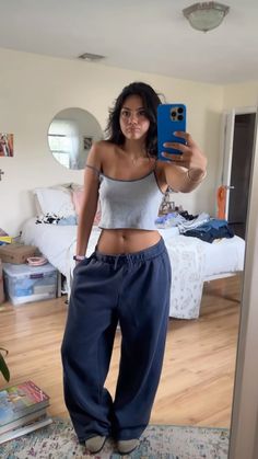 Waking Up Outfit, Sweats Aesthetic Outfit, Sweats On Sweats Outfit, Lazy Tank Top Outfits, Comfy Hangout Outfit, Sweats Outfit Women, Outfits With Navy Blue Sweatpants, Athletic Sweatpants Outfit, Comfy Cute Lounge Outfits