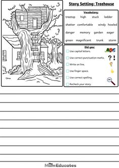 the story setting treehouse worksheet is shown in this printable activity sheet