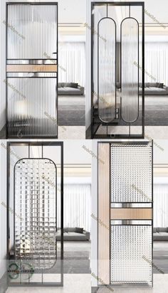 four different views of the inside of a room with glass partitions and metal doors