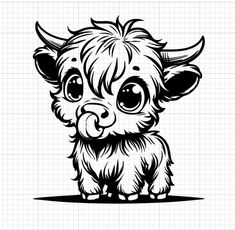 a black and white drawing of a little cow