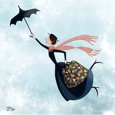 a woman flying through the air while holding an umbrella in her hand and wearing a dress