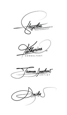 four different types of handwriting are shown in black and white, including one with the word's name on it