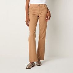 These Liz Claiborne women's Sara bootcut pants are a year-round styling essential for every woman's wardrobe. Cut for a mid-rise, they are made from stretch-sateen in a neutral hue with a button-zip fly and 5-pocket tailoring. Pair them with a blouse and wedge sandals.Front Style: Flat FrontClosure Type: Button & ZipperFit: Regular FitPockets: 1 Front Coin Pocket, 2 Back Slip Pockets, 2 Front Slip PocketsRise: Mid RiseFiber Content: 56% Cotton, 33% Polyester, 8% Rayon, 3% SpandexFabric Descripti Beige Straight Bottoms For Workwear, Beige Straight Pants For Workwear, Beige Straight Bottoms, Bootcut Pants, Women's Wardrobe, Slim Pants, Liz Claiborne, Every Woman, Wedge Sandals