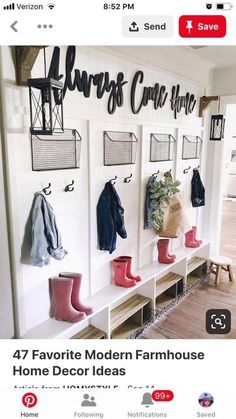 the entryway is decorated with coats, boots and bags on hooks that hang from the wall