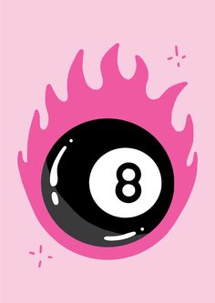 Pink and black flaming eight ball illustration. Disco Cowboy Illustration, Poster Graphic Design Illustration, Retro Art Inspiration, Flash Art Painting, Funky Sticker Ideas, 50s Room Aesthetic Retro, Graphic Art Painting, Merch Illustration Design, Pink Eight Ball