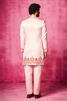 Light pink satin linen sherwani with velvet patchwork and thread embroidery. Comes with narrow pant.
Components: 2
Pattern: Embroidered
Type Of Work: Velvet patchwork, Thread
Neckline: Mandarin collar
Sleeve Type: Full
Fabric: Satin linen
Color: Pink
Other Details: 
Closure: Sherwani - Front concealed placket
Occasion: Sangeet - Aza Fashions Pink Sherwani For Diwali And Traditional Ceremonies, Pink Raw Silk Sherwani With Traditional Drape, Pink Sherwani With Zari Work For Traditional Ceremonies, Pink Sherwani For Traditional Ceremonies And Eid, Pink Sherwani For Festive Traditional Ceremonies, Festive Pink Sherwani For Traditional Ceremonies, Traditional Pink Raw Silk Sherwani, Pink Embroidered Bandhgala With Traditional Drape, Embroidered Pink Bandhgala With Traditional Drape