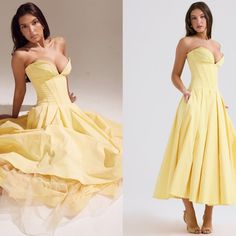 This Stunning Midi Is Simply The Dress For Your Special Occasions This Season. Feminine, Chic, Truly An Icon. The Architectural Sculpted Bodice Is Perfectly Boned To Cinch Your Waist And Contrasted By The Full, Feminine, Voluminous Skirt. There's Layers And Layers Of Tulle Under The Skirt To Maintain That Perfect Shape And It Zips To The Back For Easy On. There Is An Internal 'Stay' Fitted To Ensure That The Strapless Shape Doesn't Slip Down.The 'Regular Cup' Option Suits Cup Size A-C Whilst The Summer Wedding Evening Dress With Lined Bodice, Spring Wedding Evening Dress With Boned Bodice, Summer Ball Gown With Fitted Bodice, Spring Corset Dress With Sweetheart Neckline For Gala, Spring Gala Corset Dress With Sweetheart Neckline, Fitted Summer Ball Gown Dress, Fitted Ball Gown Summer Dress, Yellow Ball Gown For Evening, Spring Evening Dress With Sweetheart Neckline And Boned Bodice