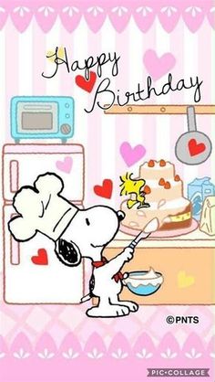 a happy birthday card with a cartoon dog in front of a cake on the stove