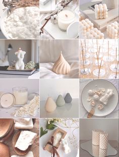 a collage of photos with candles and other items