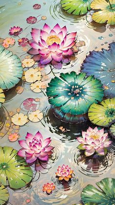 colorful water lilies floating on top of lily pads