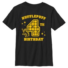 Have a fantastical birthday this year and unlock magical secrets hiding in the closet under the stairs with these officially licensed Harry Potter styles! Head to Hogwarts with your favorite witches and wizards and learn to defeat He Who Shall Not Be Named! This Boys' Harry Potter and the Sorcerer's Stone Hufflepuff 4th Birthday Graphic T-Shirt features the iconic Hufflepuff badger wishing you a happy 4th birthday! And, just remember, the spell is Wing-gar-dium Levi-o-sa and NOT Wingardium Levio Closet Under The Stairs, Hufflepuff Badger, Birthday Graphic, Happy 8th Birthday, Happy 6th Birthday, Happy 4th Birthday, Harry Potter Style, Under The Stairs, Harry Potter Hufflepuff