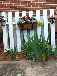 a white picket fence with potted plants on it and flowers in the window box