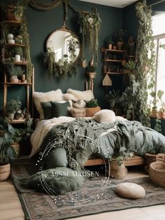 a bedroom with green walls and lots of plants