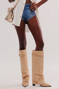 Stand out in these statement suede foldover boots, complete with flared overlays and buckle details for a pair that brings the drama. **Features:** Knee-high length, pull-on style, suede fabrication, slouchy flared overlay, buckle accent, pointed toe, chunky block heel **Why We | Felicity Foldover Boots by FP Collection at Free People in Tan, Size: US 7 Flat Suede Knee High Boots, Trendy Wide Calf Suede Knee-high Boots, Sand Suede Knee High Boots, Trendy Suede Knee-high Boots, Foldover Boots, Suede Knee-high Boots With Stacked Heel, Chunky Block Heels, The Drama, Tall Boots