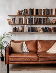 a brown leather couch sitting in front of a bookshelf