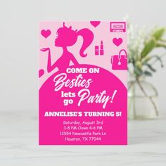 a pink princess birthday party card with the words, come on besties let's party