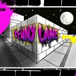 the word penny lane is spray painted on a brick wall in front of a full moon