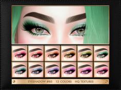 the eyeshadow is all different colors and features long lashes, green hair, and black eyeliners