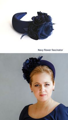 Padded flower headband by TailoredMagic, free shipping. Navy blue fascinator headband inspired by wonderful Kate Middleton is hand made and hand stitched. Wedding guest halo headband hat comes with birdcage veil is being placed at the back of the halo headdress or whithout it. Floral halo headpiece is trimmed with intone flowers and leaves covering the right ear side. Modern and elegant navy hairband will instantly elevate any outfit. Perfect for special events. One size. Headband For Wedding, Fascinator Hats Outfit, Navy Blue Fascinator, Fascinator Hats Wedding, Halo Headpiece, Blue Fascinator, Kentucky Derby Fascinator, Pearl Bridal Headband, Bridal Fascinator