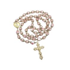 Pink Crystal Rosary Gold Flowers Beads Beaded Chaplet Necklace - Velvet Bag Nazareth Store Spiritual Beads, Crystal Rosary, Flowers Beads, Catholic Rosary, Rosary Necklace, Rosary Catholic, Flower Beads, Heart Locket, Handmade Gold