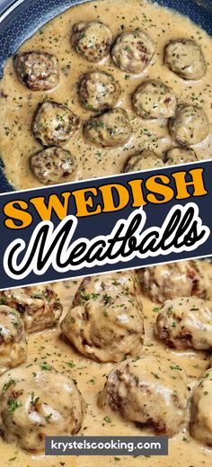 swedish meatballs with gravy in a blue skillet and the title overlay reads swedish meatballs