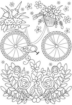 a coloring page with flowers and a bicycle