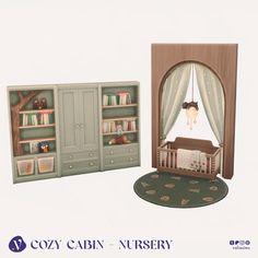 an image of a baby's room with bookshelves and furniture in it