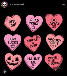 six heart shaped stickers with different sayings on them