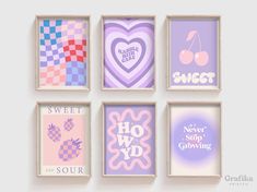 four framed art pieces with different designs on the sides and words above them, all in pastel colors