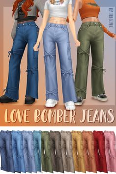 several different colored jeans are shown with the same color as each outfit in this image