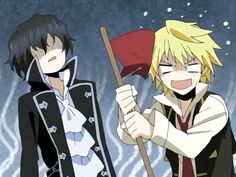 two anime characters holding flags in their hands