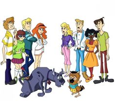 cartoon characters standing in front of each other with one dog on the ground and two people behind them