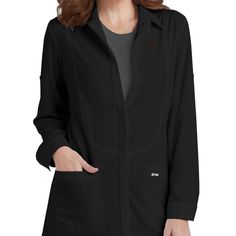 Cherokee Infinity Women's Lab Coat, New. Versatile Black Outerwear With Pockets, Black Long Sleeve Outerwear For Work, Versatile Black Long Sleeve Outerwear, Black Button-up Outerwear For Work, Tan Jean Jacket, Women's Lab Coat, White Faux Fur Jacket, White Lab Coat, Navy Blue Scrubs