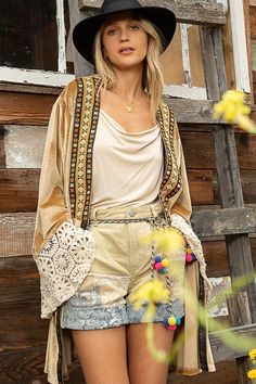 Flared sleeve regular fit long cardigan. Velvet with cotton cut and sew sleeve point, trim detailing, edge cut , solid color. /poly Hippie Cardigan, Velvet Cardigan, Vibe Tribe, Gold Velvet, Boutique Brands, Women Clothing Boutique, Long Cardigan, Flared Sleeves, Online Womens Clothing