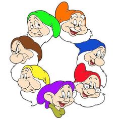 the seven dwarfs are smiling in a circle