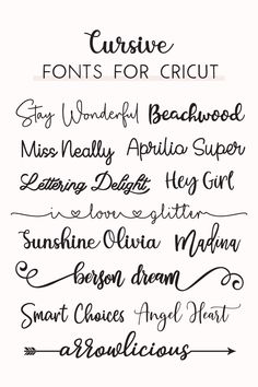 some type of handwriting that is in different font styles and colors, with the words cursive for cricut