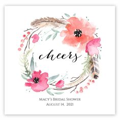 a watercolor floral wreath with the word cheers on it in black and red ink