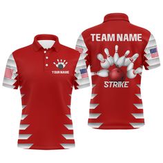 a red shirt with bowling pins on it and the name team name strike written in white